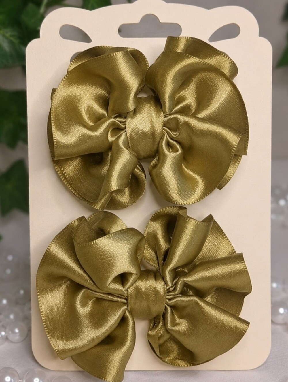 ⭐Handmade Bow Pair Of Voluminous Olive Green Pompom Hair Bows For Girls.